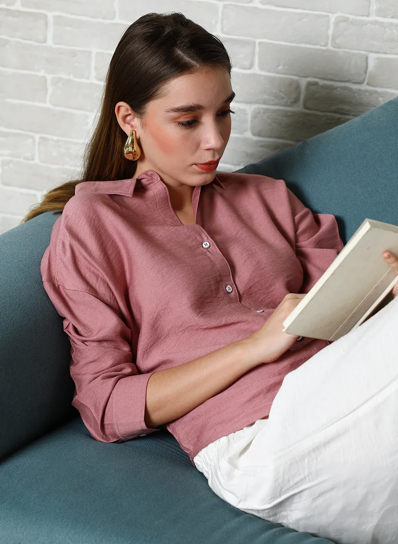 Women's Salmon Pink Breezy Wrinked Relaxed Shirt For Casual Wear | Spread Collar | Long Cuffed Sleeves | Button Closure | Oversized Shirt Designed With Comfortable Fit For Woman & Girls